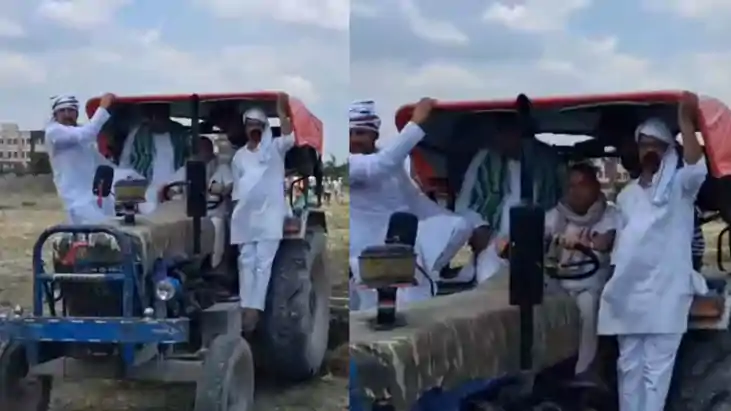 MP Sudhakar Singh drives tractor farmers protest against wat