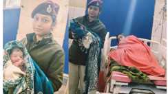 Human face of police uniform Female constable becomes angel ensures safe delivery on platform