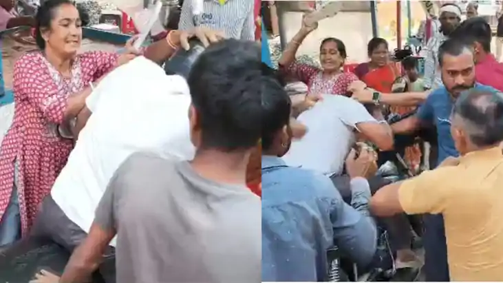 लोन के नाम पर ठगी के आरोपी को महिला ने सरेआम सड़क पर पीटा, द