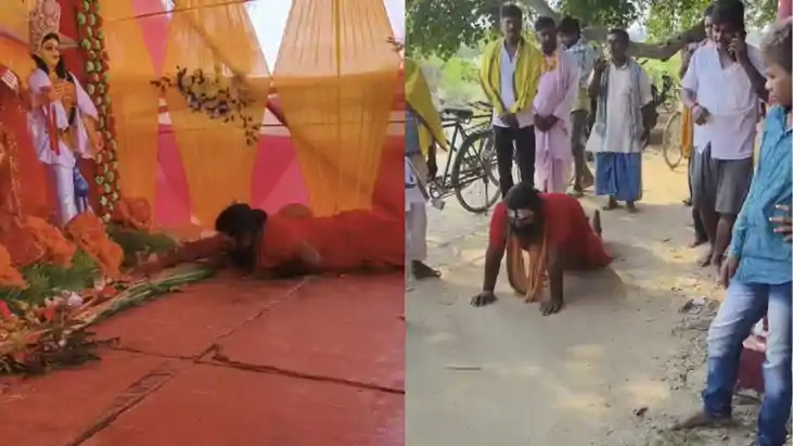 नवरात्र के मौके पर मुरारी स्वामी ने की दंडवत परिक्रमा, राधे-