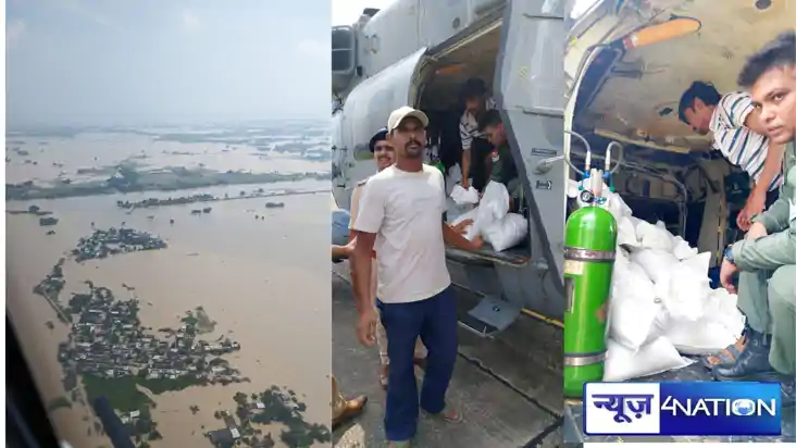 bihar flood news, airforce, airdroping food packet, bihar ne