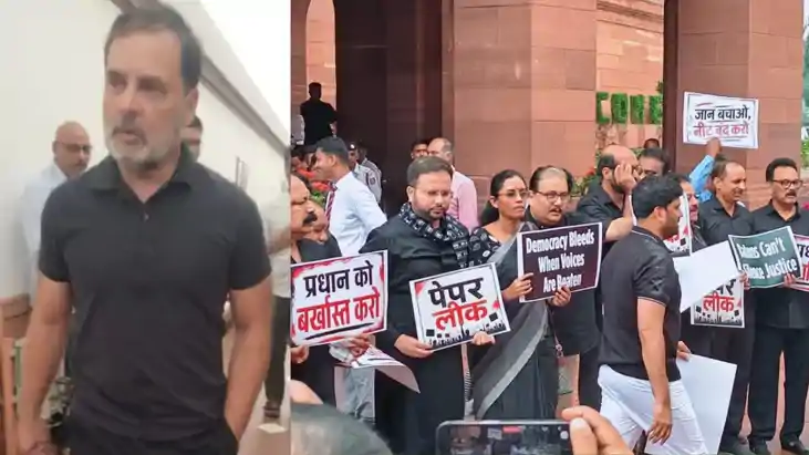 Congress Protests NEET Leak In Parliament rahul Leaders Wear