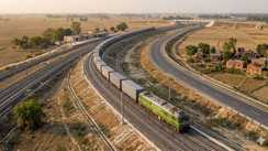 Bhagalpur rail bypass construction site near Sabour and Gonudham showing new tracks and an Indian Railways train
