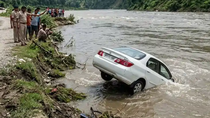 नदी में गिरी कार 