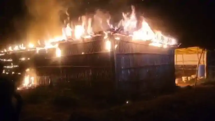 Cowshed engulfed in flames at midnight 